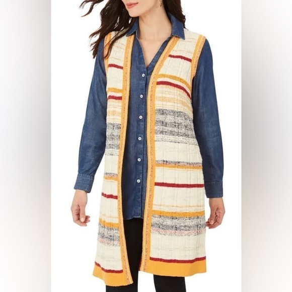 Foxcroft Women Knit Vest Size Large White Nico Striped Open Front Longline Boho - Picture 3 of 13